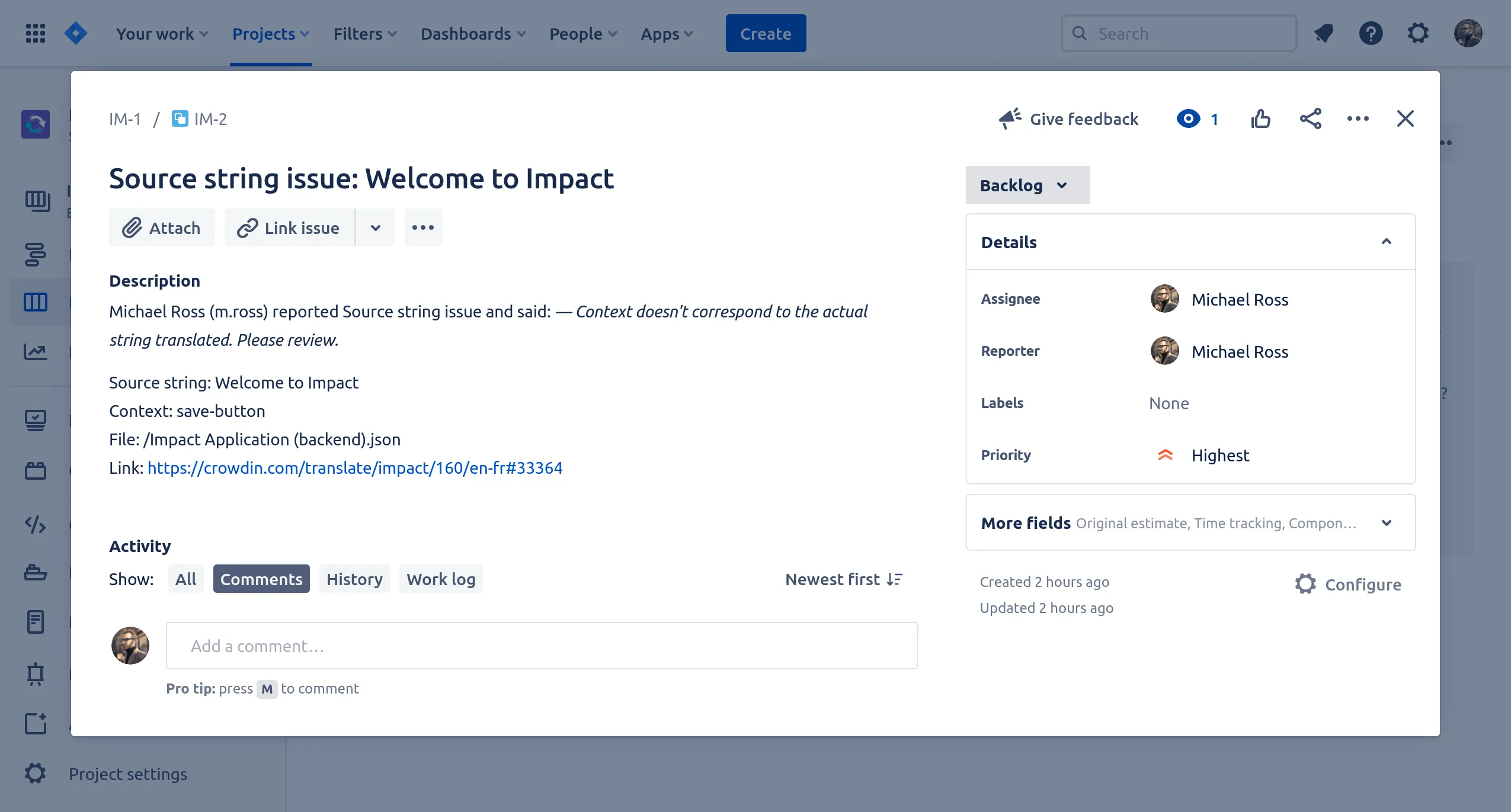 Crowdin Enterprise issue displayed in Jira